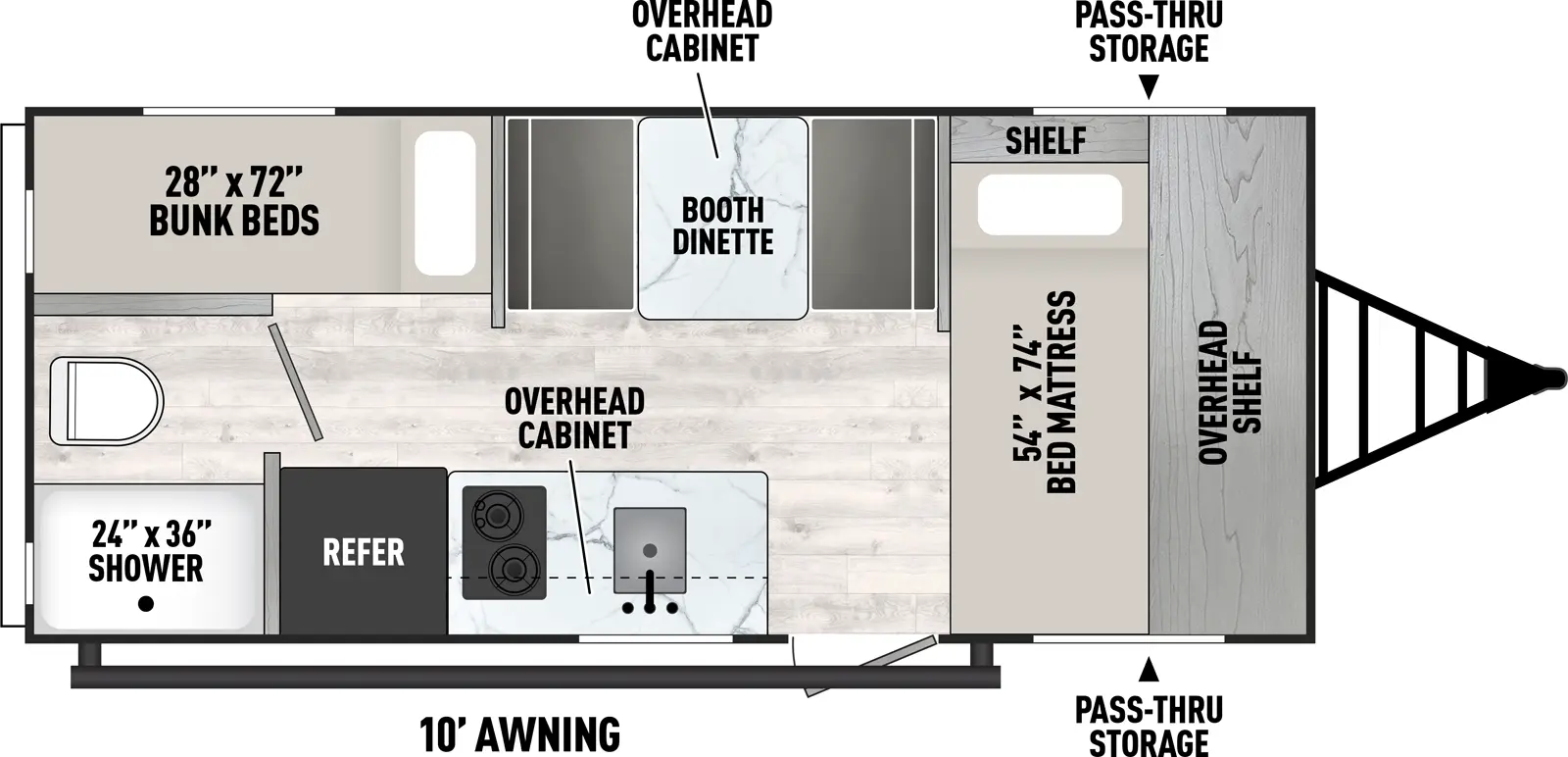 The Clipper Travel Trailers 17BH floorplan has one entry and zero slide outs. Exterior features include: metal exterior and 10' awning. Interiors features include: bunk beds and front bedroom.